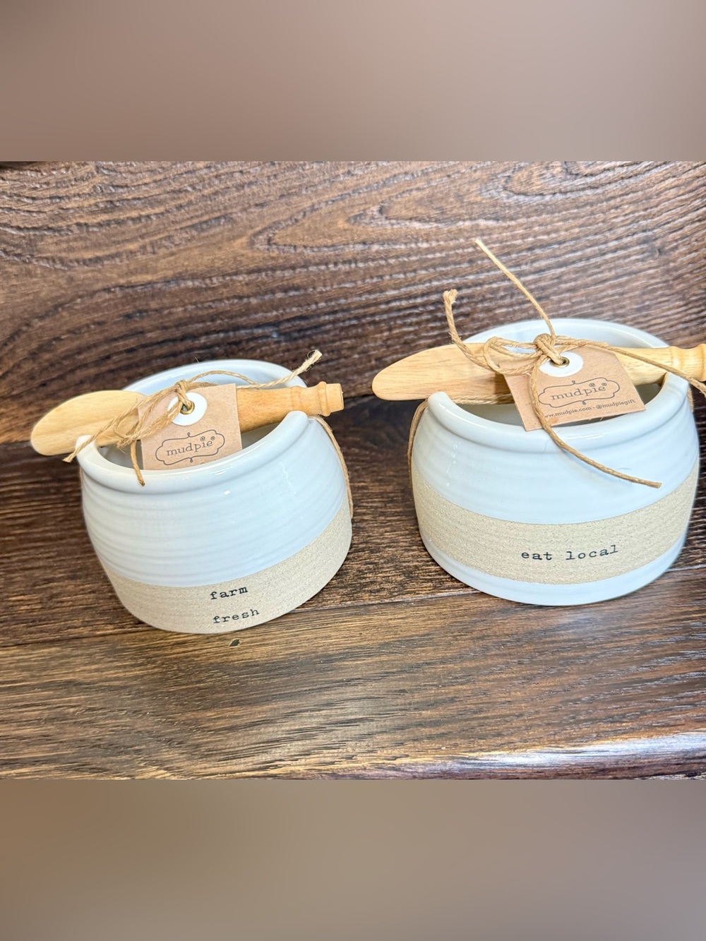 Mud Pie White and Tan Ceramic Farmhouse Jars with Wooden Spoons